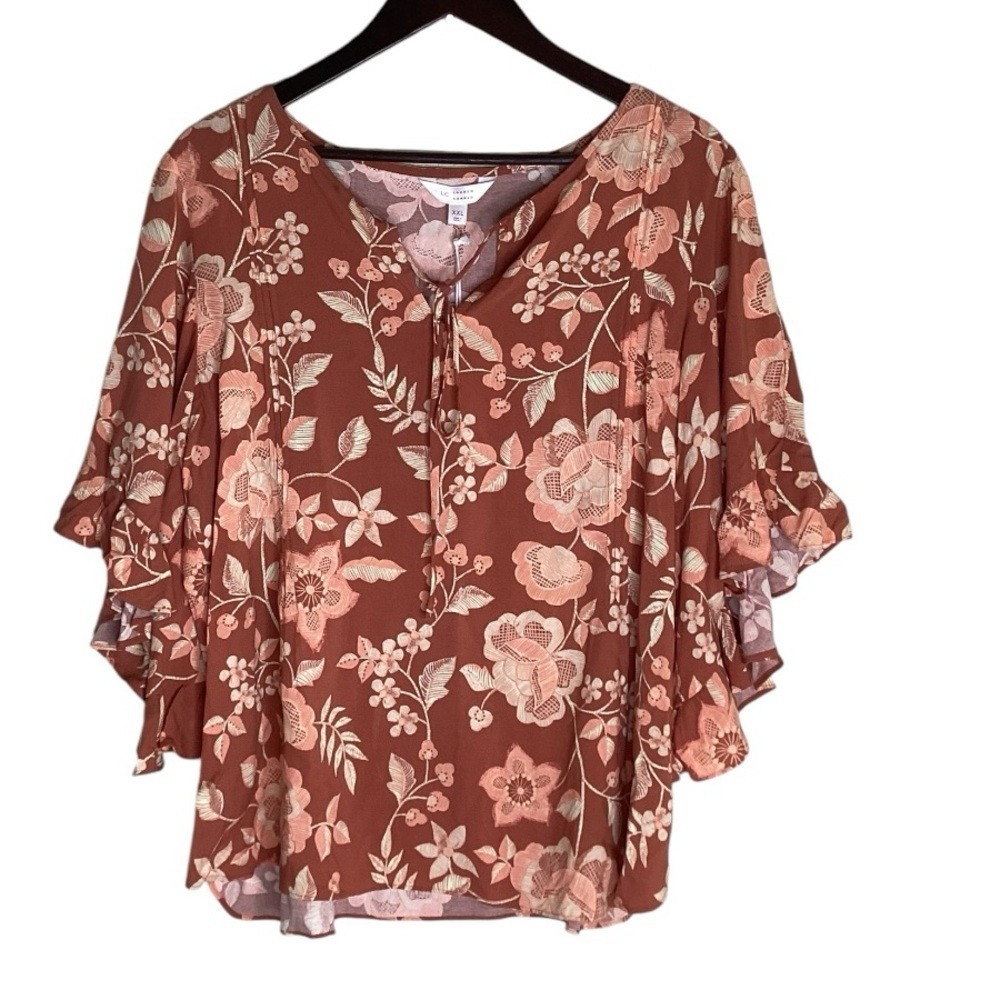 Lauren Conrad‎ Floral Bell Sleeve Tie Neck Blouse Women's XXL Red